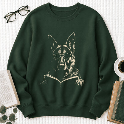 German Shepherd Reading Book Crewneck Sweatshirt | Reader Gift Forest Green