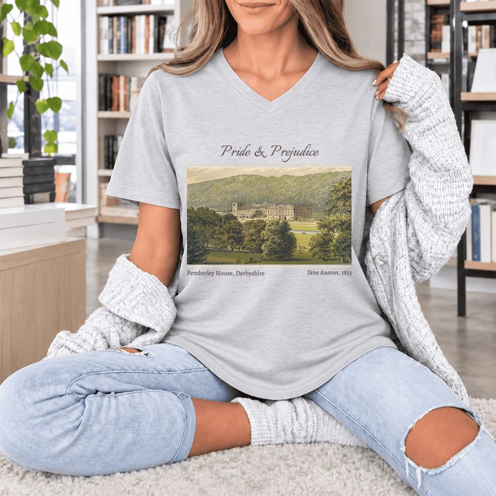 Pemberley House Pride And Prejudice Ultra-Soft V-Neck | Classic Literature Reader Gift Ash