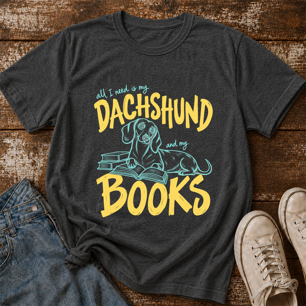 All I Need Is My Dachshund And My Books Softstyle T-Shirt | Book Lover Gift Dark Heather