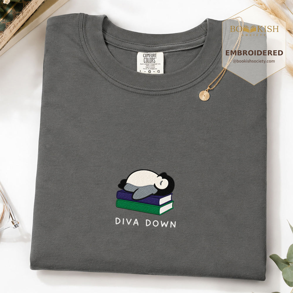 Embroidered Diva Down Penguin Comfort Color® T-shirt Book Lover Gift Pepper