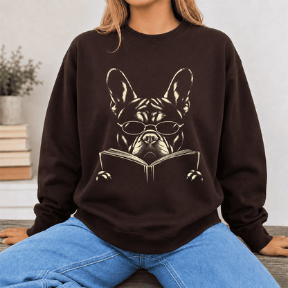 French Bulldog Reading Book Crewneck Sweatshirt | Reader Gift Dark Chocolate
