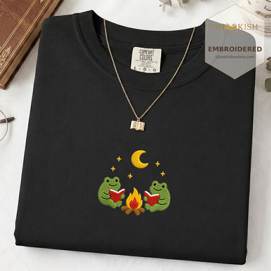 Embroidered Frog Campfire Comfort Color® T-shirt Book Lover Gift Black