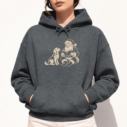 Funny Dog With Santa Christmas Softstyle Hoodie | Christmas Gift For Dog & Book Lover Dark Heather