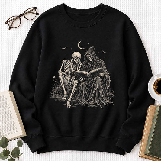 Halloween Reading Buddies Printed Sweatshirt | Spooky Season Book Lover Gift Black