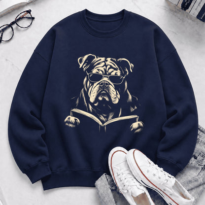 Bulldog Reading Book Crewneck Sweatshirt | Reader Gift Navy
