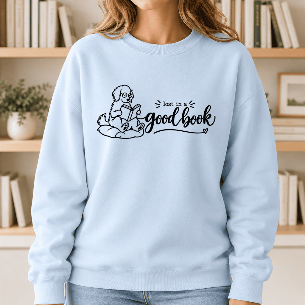 Lost In A Good Book Crewneck Sweatshirt | Dog Lover & Reader Gift Light Blue