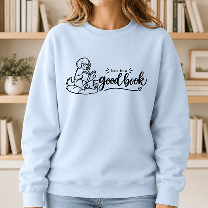 Lost In A Good Book Crewneck Sweatshirt | Dog Lover & Reader Gift Light Blue