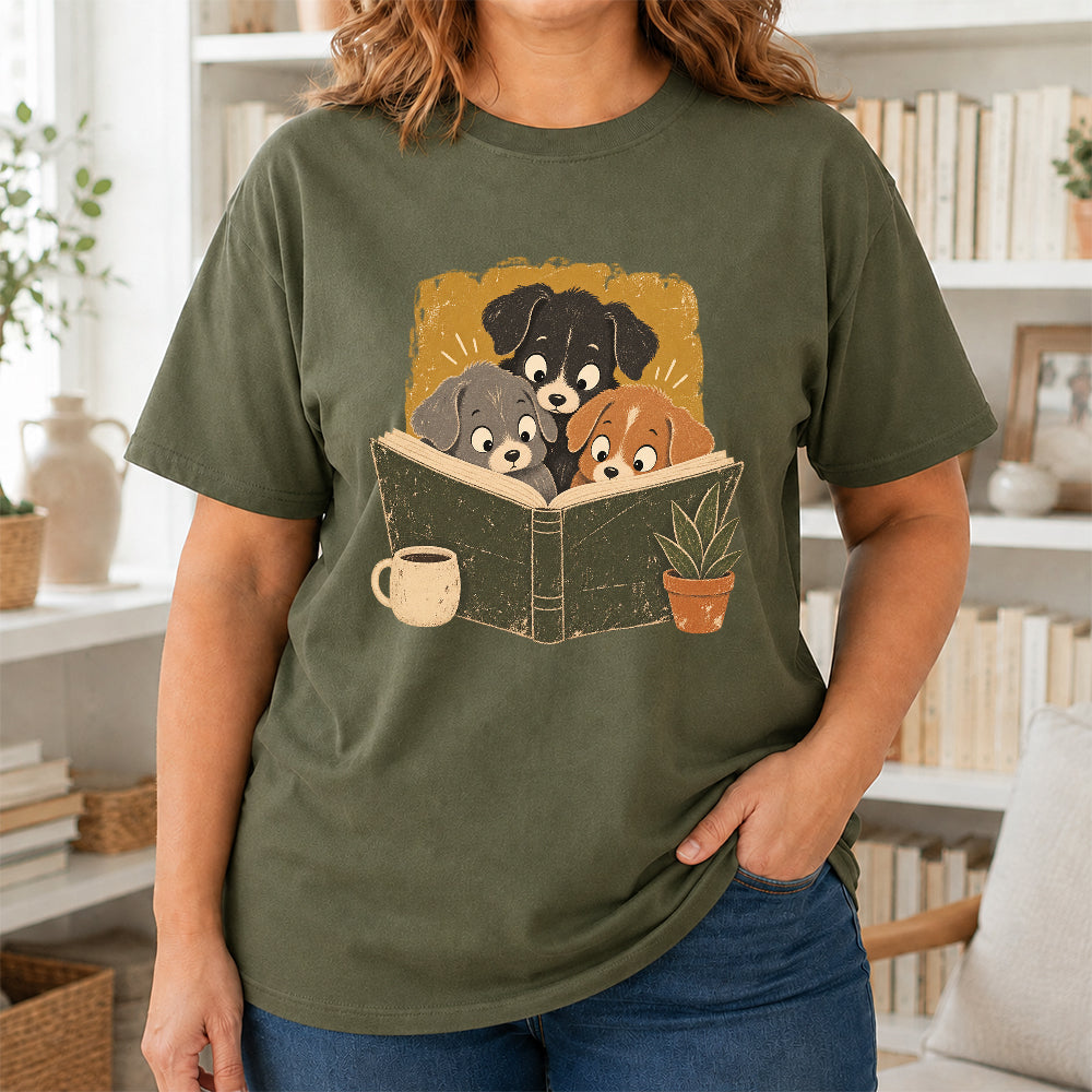 Minimal Japanese Dogs Reading Softstyle T-Shirt | Book Lover Gift Military Green