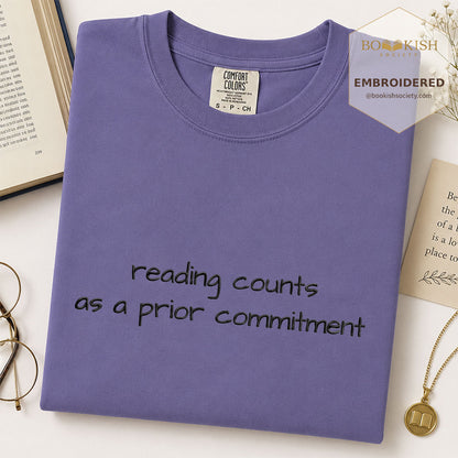 Embroidered Reading Counts As A Prior Commitment Comfort Color® T-shirt Book Lover Gift Grape