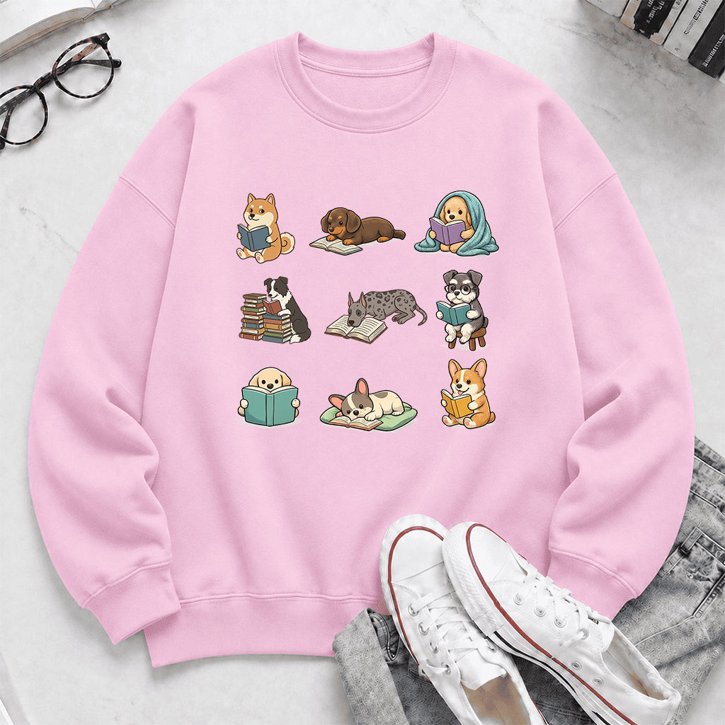 Funny Dogs Reading Crewneck Sweatshirt | Reader Gift Light Pink