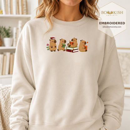 Reading Capybaras Embroidered Sweatshirt | Reader Gift Sand