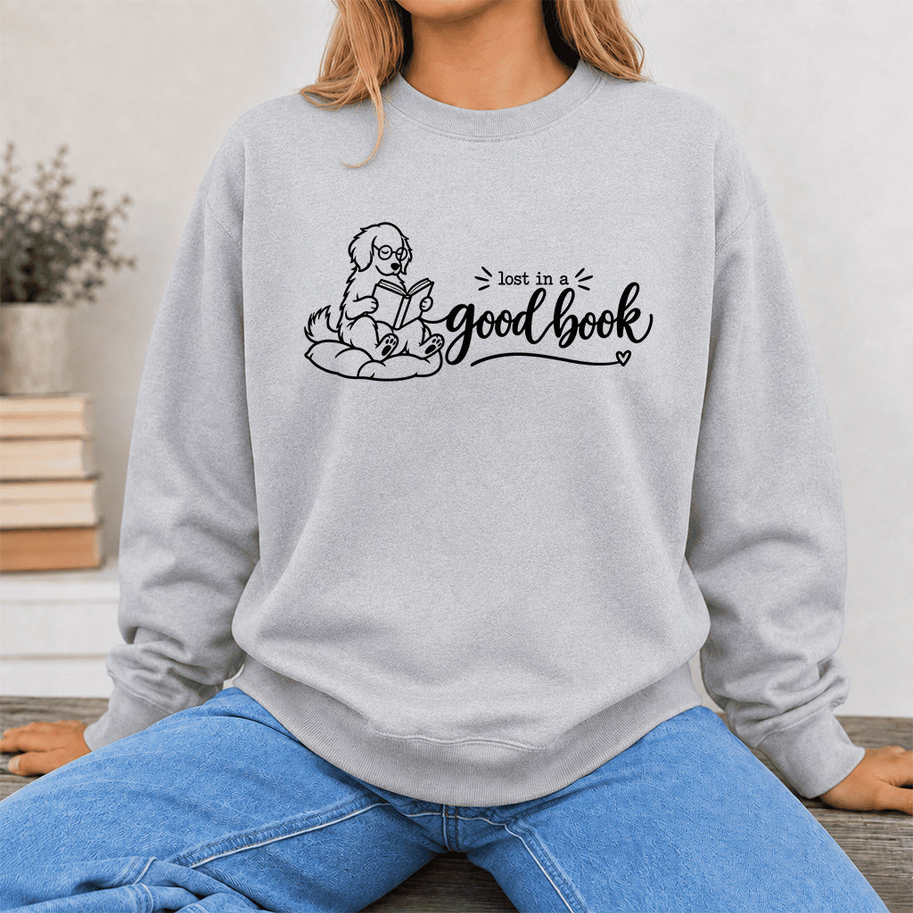 Lost In A Good Book Crewneck Sweatshirt | Dog Lover & Reader Gift Sport Grey