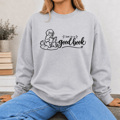 Lost In A Good Book Crewneck Sweatshirt | Dog Lover & Reader Gift Sport Grey