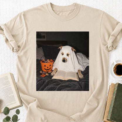 Cute Reading Ghost Dog Printed T-Shirt | Halloween Book Lover Gift Sand