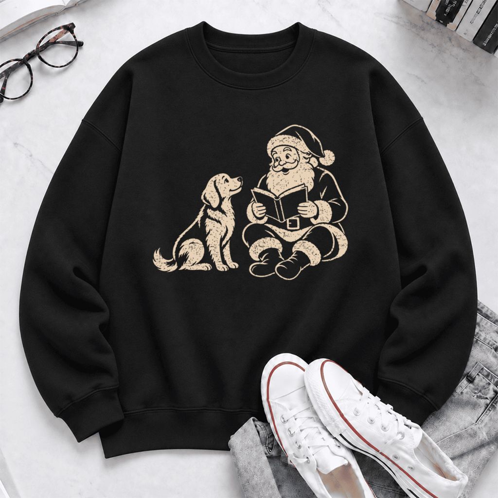Funny Dog With Reading Santa Softstyle Sweatshirt | Christmas Book Lover Gift Black