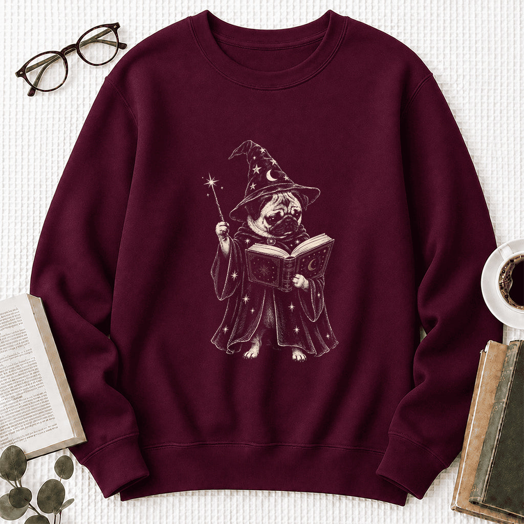 Cute Pug Witch Reading Book Printed Sweatshirt | Halloween Book Lover Gift Maroon