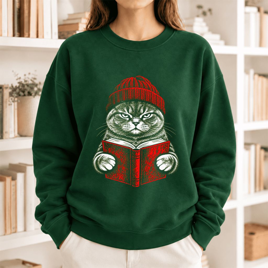 Vintage Reading Cat British Shorthair Softstyle Sweatshirt | Christmas Gift Forest Green
