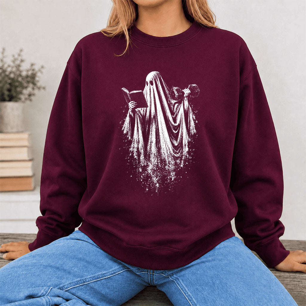 Reading Gym Ghost Printed Sweatshirt | Halloween Book Lover Gift Maroon