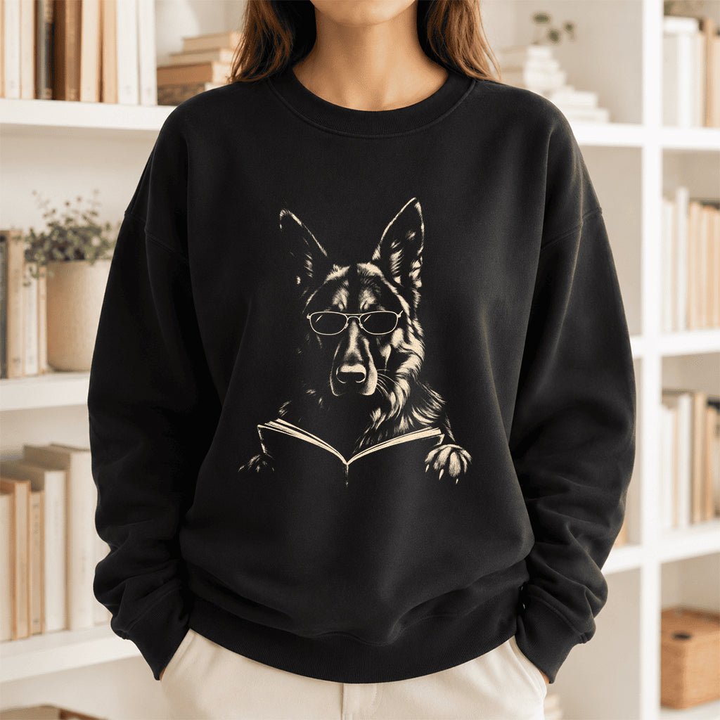 German Shepherd Reading Book Crewneck Sweatshirt | Reader Gift Black