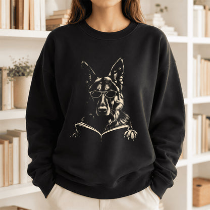 German Shepherd Reading Book Crewneck Sweatshirt | Reader Gift Black