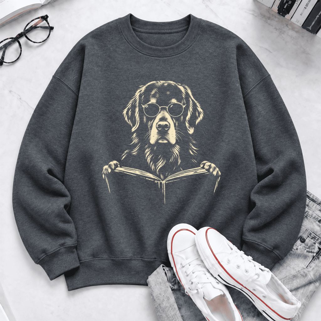 Golden Retriever Reading Book Softstyle Sweatshirt | Golden Retriever Gift Dark Heather