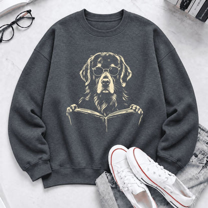 Golden Retriever Reading Book Softstyle Sweatshirt | Golden Retriever Gift Dark Heather