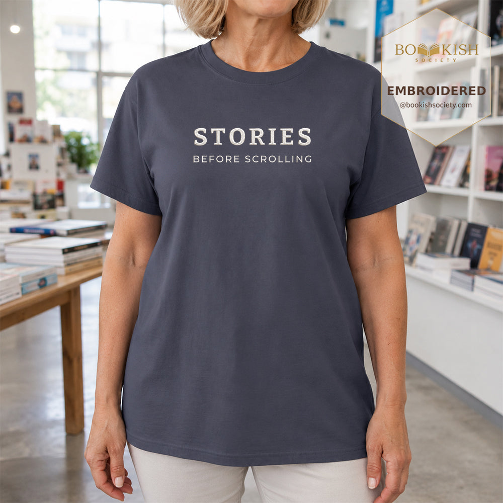 Embroidered Stories Before Scrolling Comfort Color® T-shirt Book Lover Gift Navy
