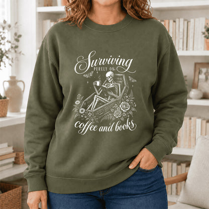 Surviving Purely On Coffee And Books Printed Sweatshirt | Halloween Reader Gift Military Green