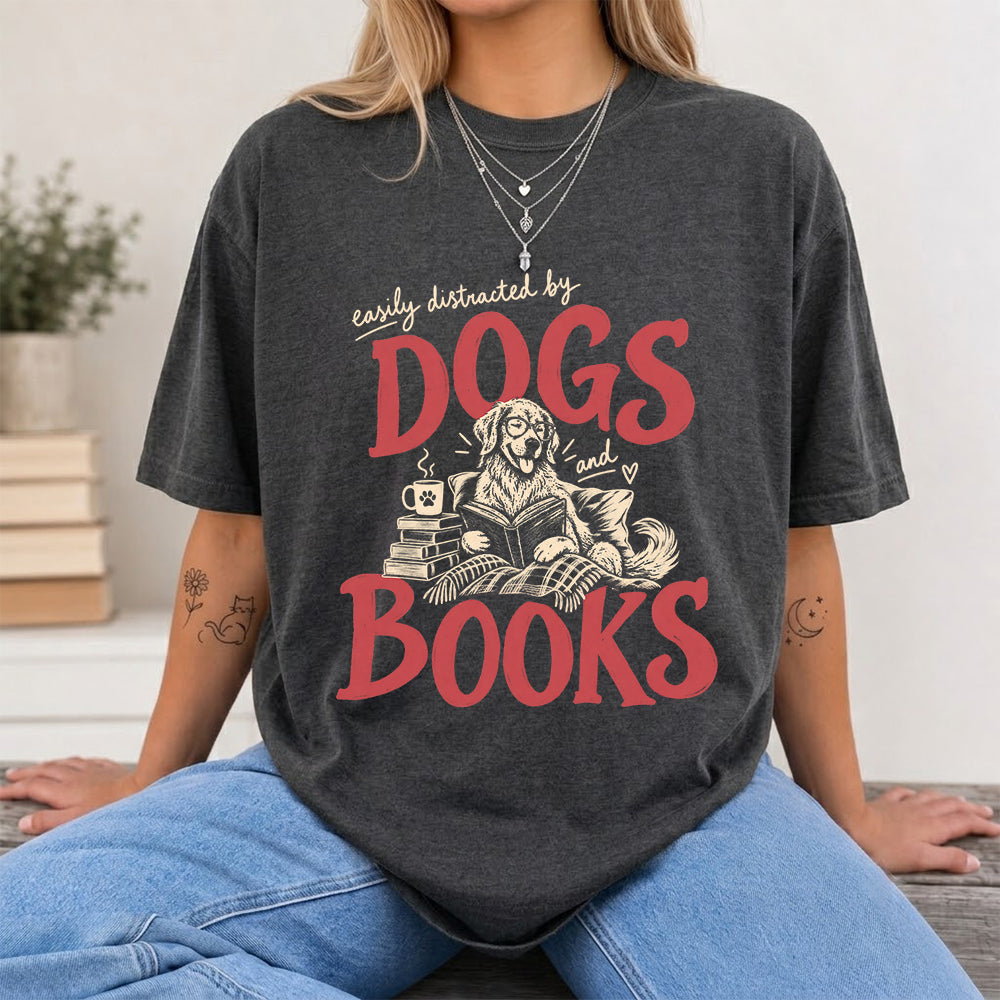Easily Distracted By Dogs And Books Softstyle T-Shirt | Book Lover Gift Dark Heather