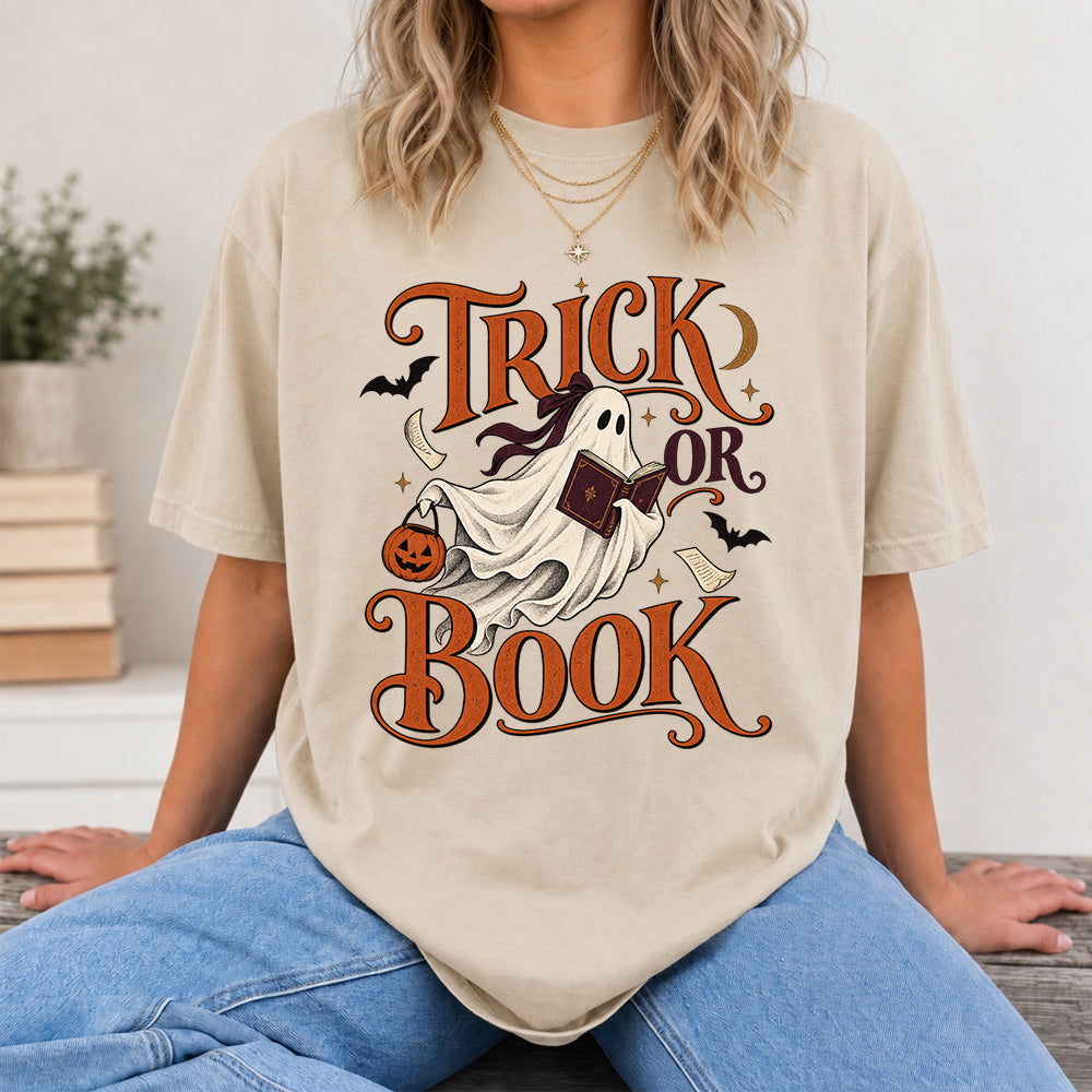 Trick Or Book Ghost Printed T-Shirt | Halloween Book Lover Gift Sand