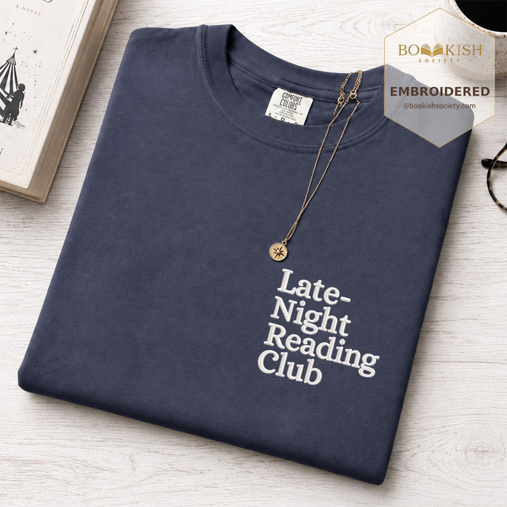 Late Night Reading Club Embroidered Comfort Color® T-shirt | Book Lover Gift Denim