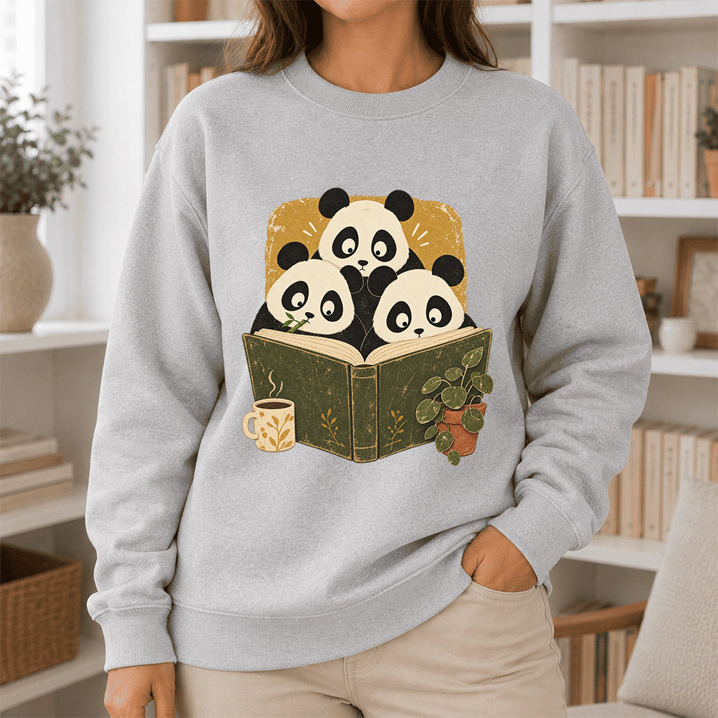 Curious Pandas Reading Crewneck Sweatshirt | Panda Lover & Reader Gift Sport Grey