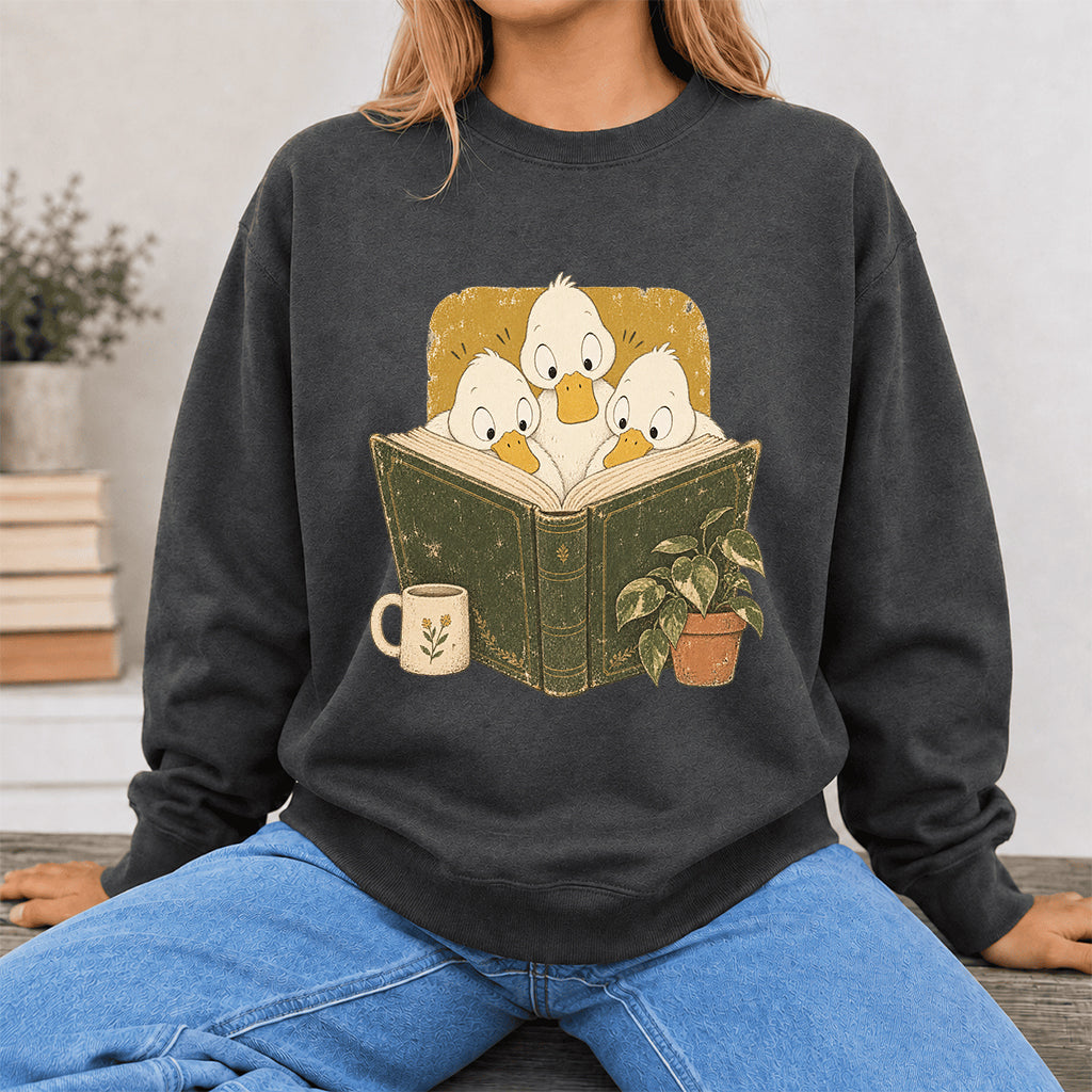 Minimal Japanese Ducks Reading Crewneck Sweatshirt | Reader Gift Dark Heather