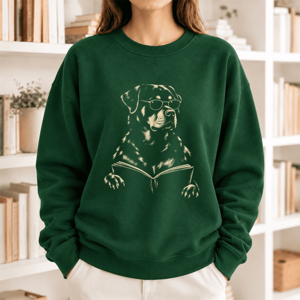 Rottweiler Reading Book Softstyle Sweatshirt | Dog Mom Reader Gift Forest Green