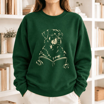 Rottweiler Reading Book Softstyle Sweatshirt | Dog Mom Reader Gift Forest Green
