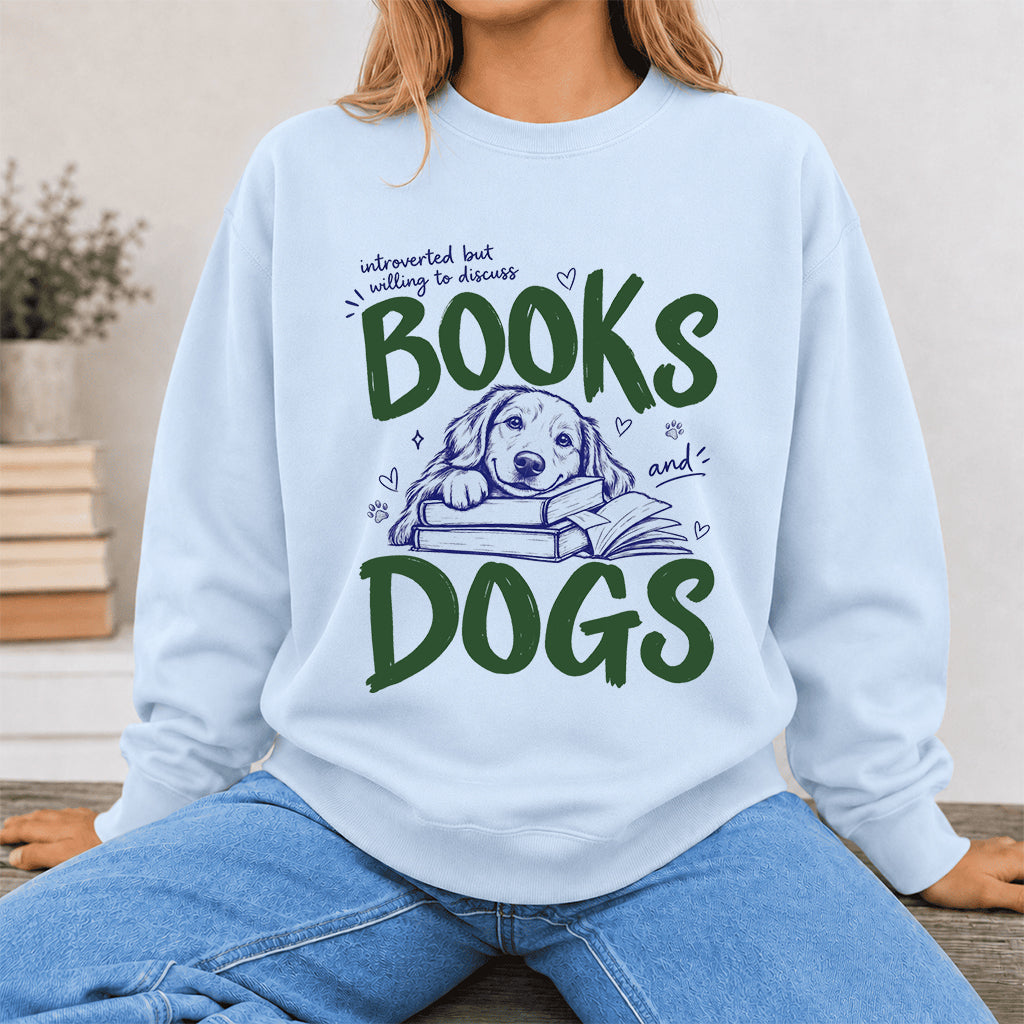 Introverted But Willing To Discuss Books And Dogs Crewneck Sweatshirt | Dog Lover & Reader Gift Light Blue