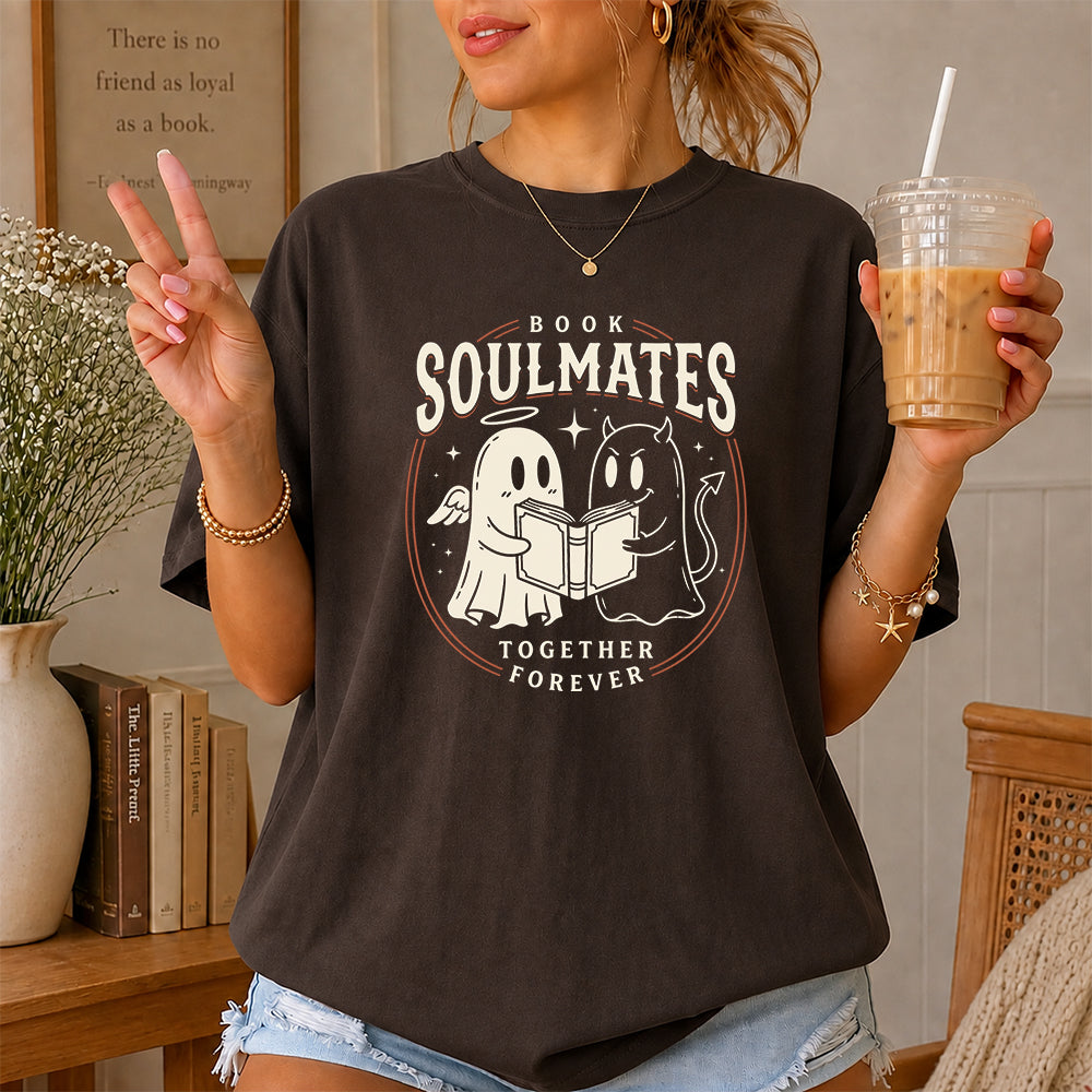 Book Soulmates Together Forever Printed T-Shirt | Halloween Book Lover Gift Dark Chocolate