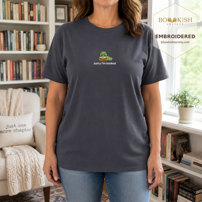 Sorry I'm Booked Embroidered Comfort Color® T-shirt | Book Lover Gift Denim