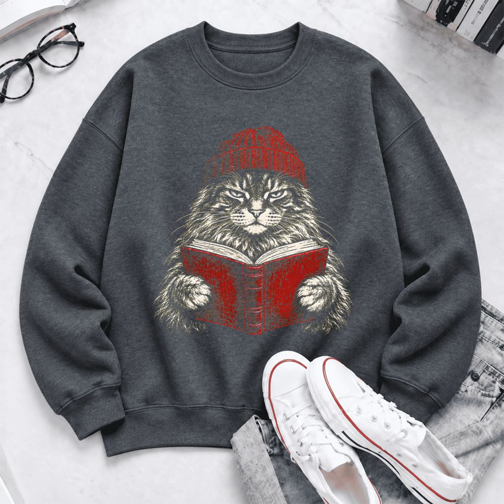 Vintage Reading Cat Maine Coon Softstyle Sweatshirt | Christmas Book Lover Gift Dark Heather