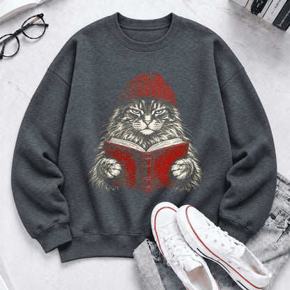 Vintage Reading Cat Maine Coon Softstyle Sweatshirt | Christmas Book Lover Gift Dark Heather