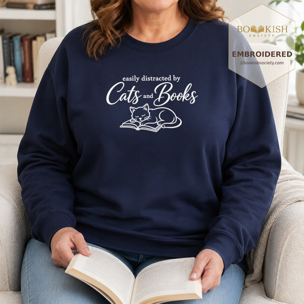 Distracted By Cats And Books Embroidered Sweatshirt | Reader Gift Navy