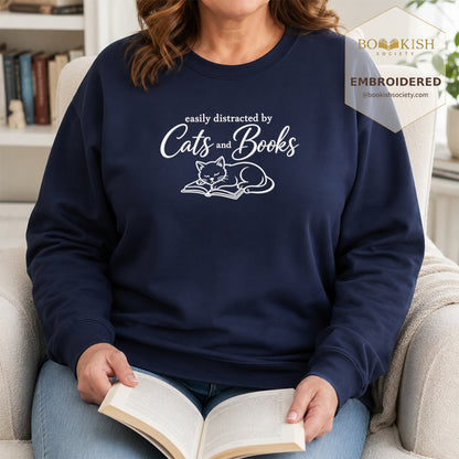 Distracted By Cats And Books Embroidered Sweatshirt | Reader Gift Navy