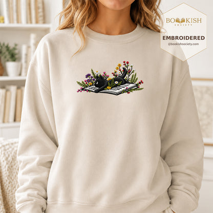 Cat and Book Embroidered Sweatshirt | Reader Gift Sand