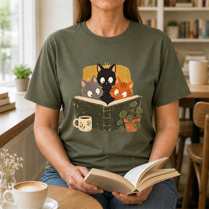 Minimal Japanese Cats Reading Softstyle T-Shirt | Book Lover Gift Military Green
