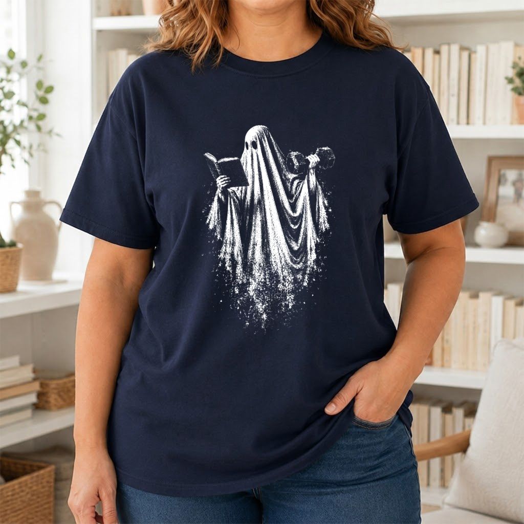 Reading Gym Ghost Printed T-Shirt | Halloween Book Lover Gift Navy