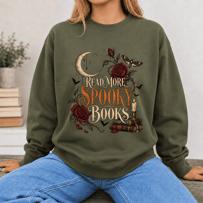 Read More Spooky Books Printed Sweatshirt | Halloween Book Lover Gift Military Green