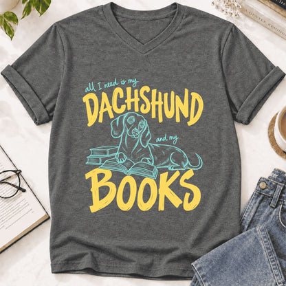 All I Need Is My Dachshund And My Books Ultra-Soft V-Neck | Dog Mom Reader Gift Deep Heather