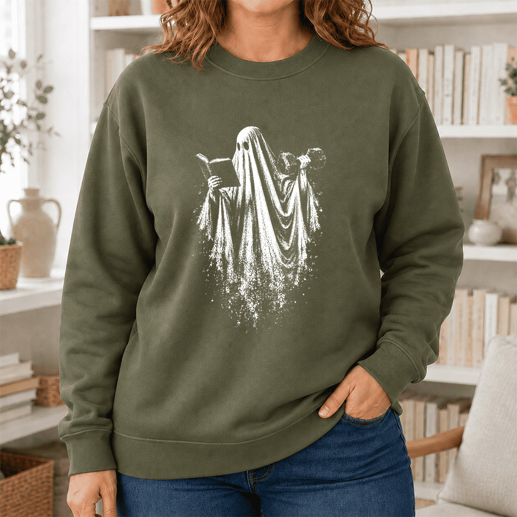 Reading Gym Ghost Printed Sweatshirt | Halloween Book Lover Gift Military Green
