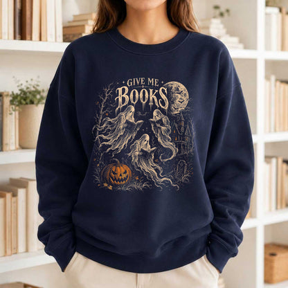 Give Me Books Printed Sweatshirt | Halloween Book Lover Gift Navy