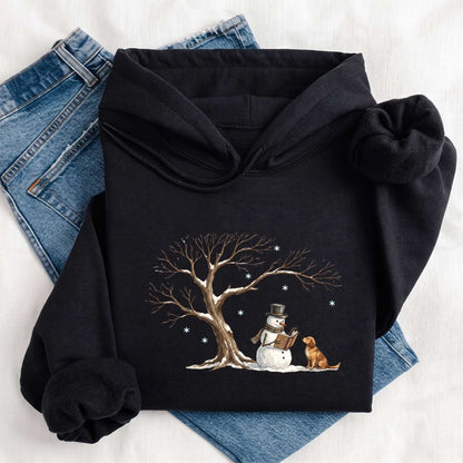 Golden Retriever And Snowman Under Tree Softstyle Hoodie | Christmas Reader Gift Black